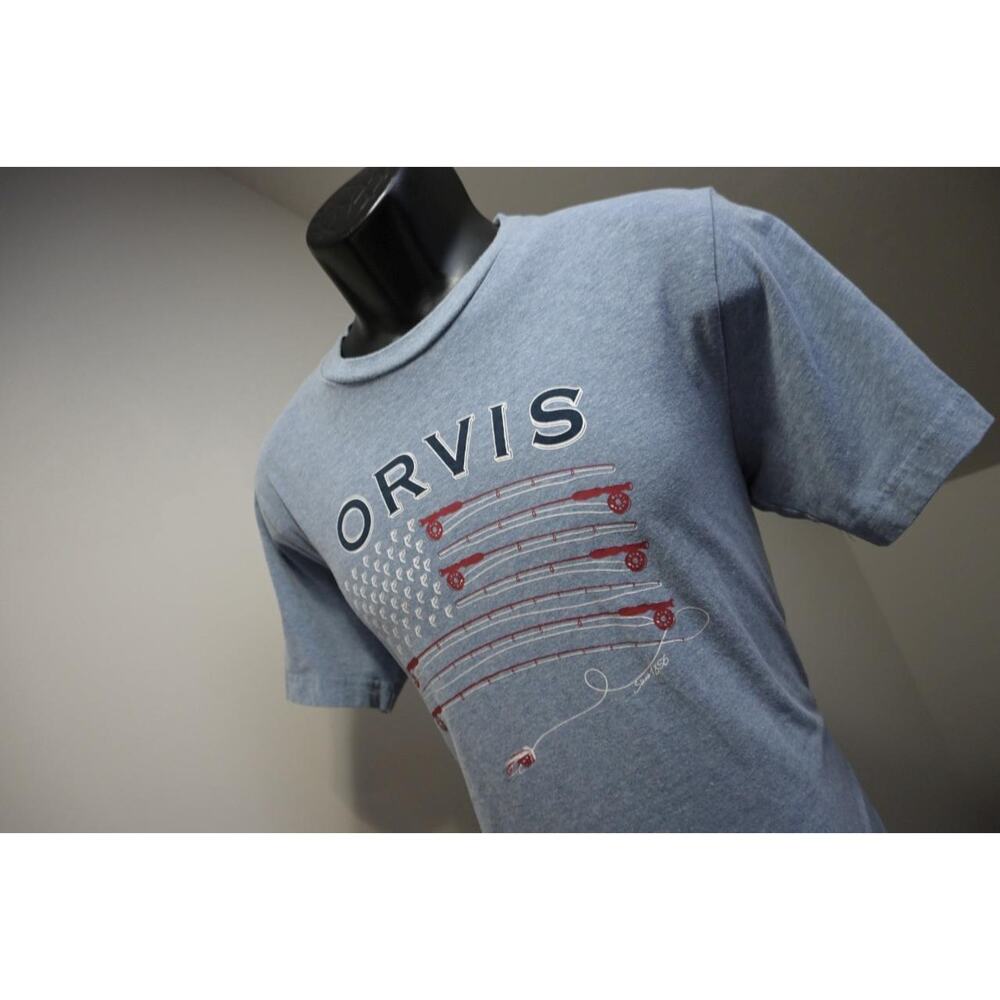Orvis Camp Tee Shirt Short‎ Sleeve Fishing Flag Shirt Blue Mens Size Medium